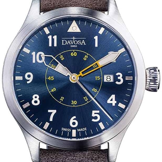 Neoteric Automatic Swiss-Made Blue Yellow Pilot Watch 16156546 Pilot Davosa USA Official Distributor. Prices are Final. Tax & duties included. 42mm Blue Leather
