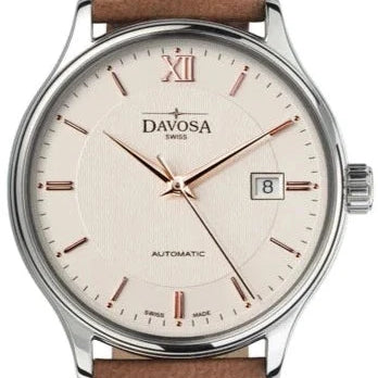 Classic Automatic Swiss-Made White Rose Gold Executive Watch 16145632V with Vegan leather AppleSkin strap Classic Davosa USA Official Distributor. Prices are Final. Tax & duties included. 40mm Off White-Bronze Leather