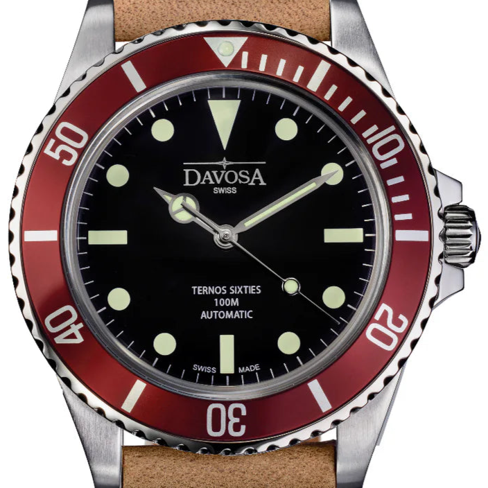 Ternos Sixties Automatic Swiss-Made Red Black Diver Watch 16152565 Diver Davosa USA Official Distributor. Prices are Final. Tax & duties included. 40mm Black-Burgundy Mineral