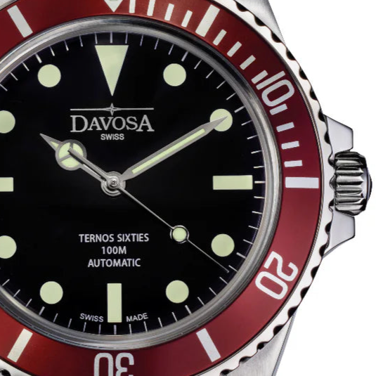 Ternos Sixties Automatic Swiss-Made Red Black Diver Watch 16152565 Diver Davosa USA Official Distributor. Prices are Final. Tax & duties included.