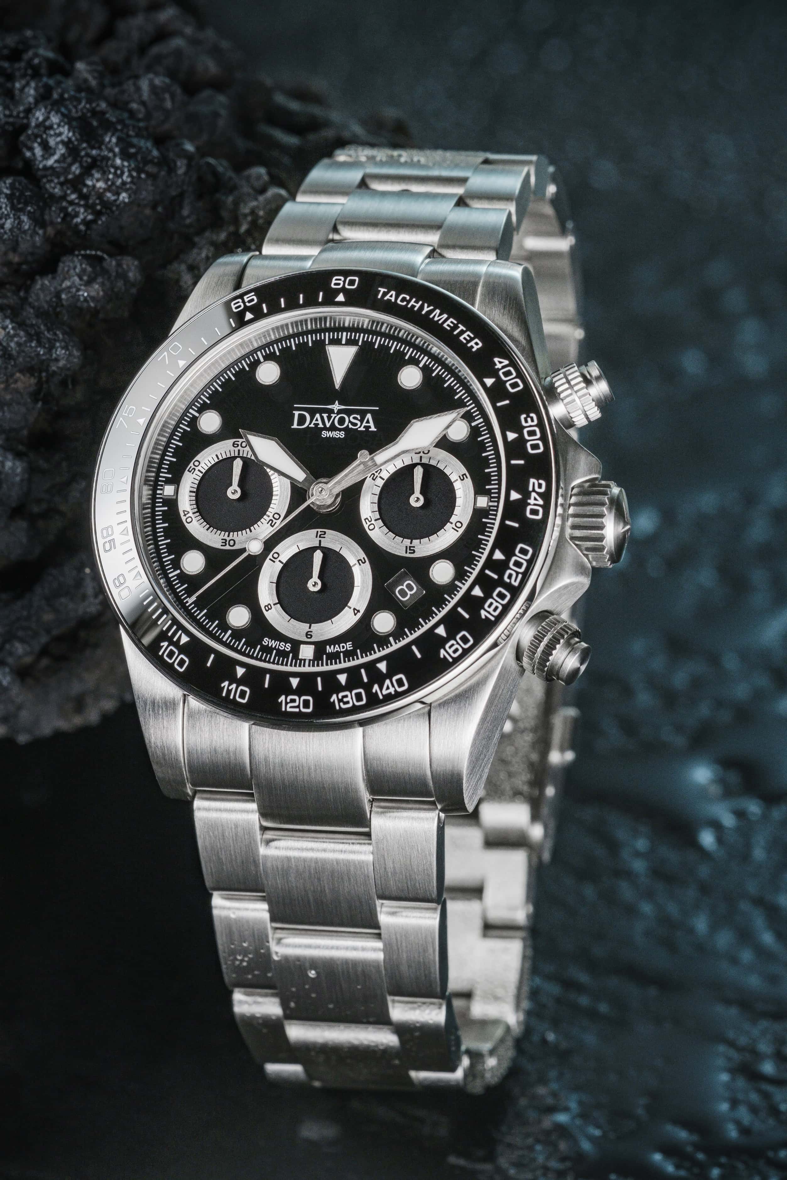 Ternos Professional Chronograph in Black Dial with TriaLink Bracelet Ref. 161.543.50 Chronograph Davosa USA Official Distributor. Prices are Final. Tax & duties included.