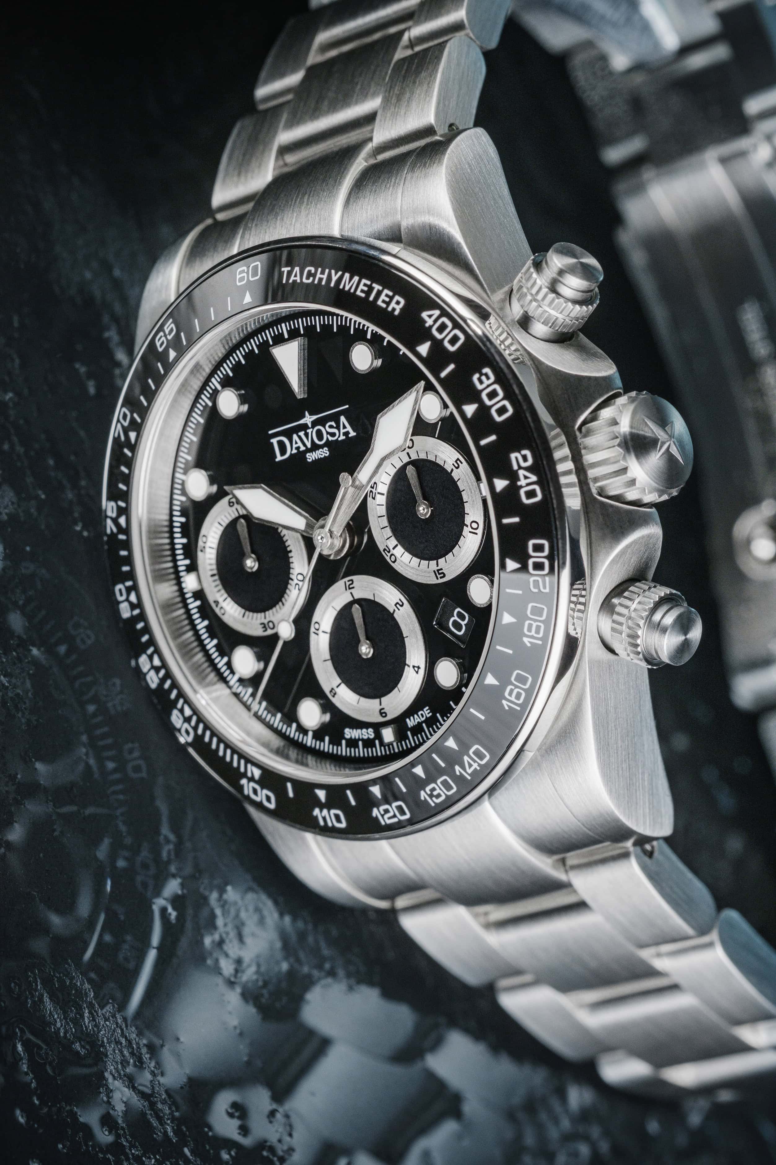 Ternos Professional Chronograph in Black Dial with TriaLink Bracelet Ref. 161.543.50 Chronograph Davosa USA Official Distributor. Prices are Final. Tax & duties included.