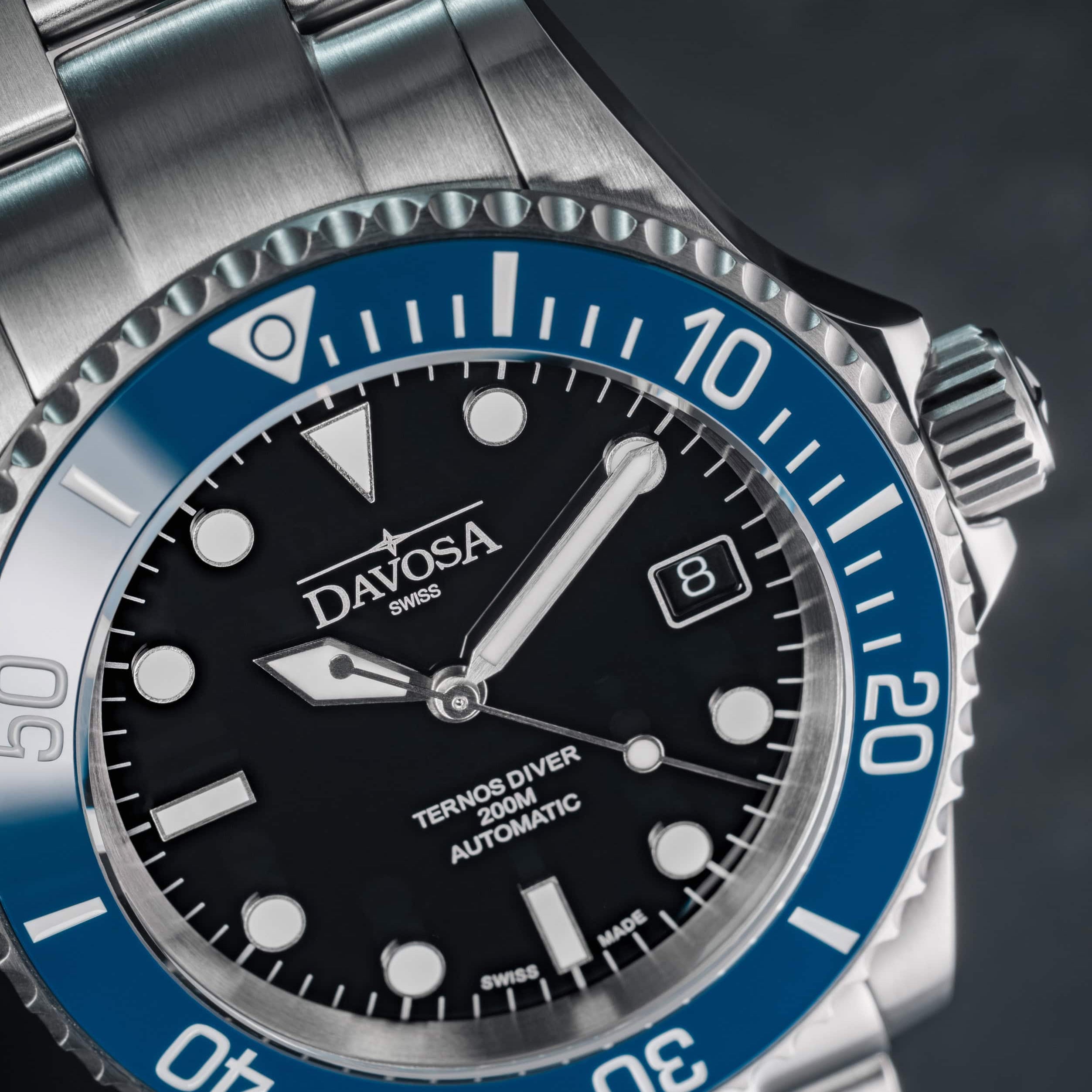 Ternos Diver Automatic 200m Swiss-Made Blue Unisex Diver Watch 161.550.40 No Loupe Diver Davosa USA Official Distributor. Prices are Final. Tax & duties included.