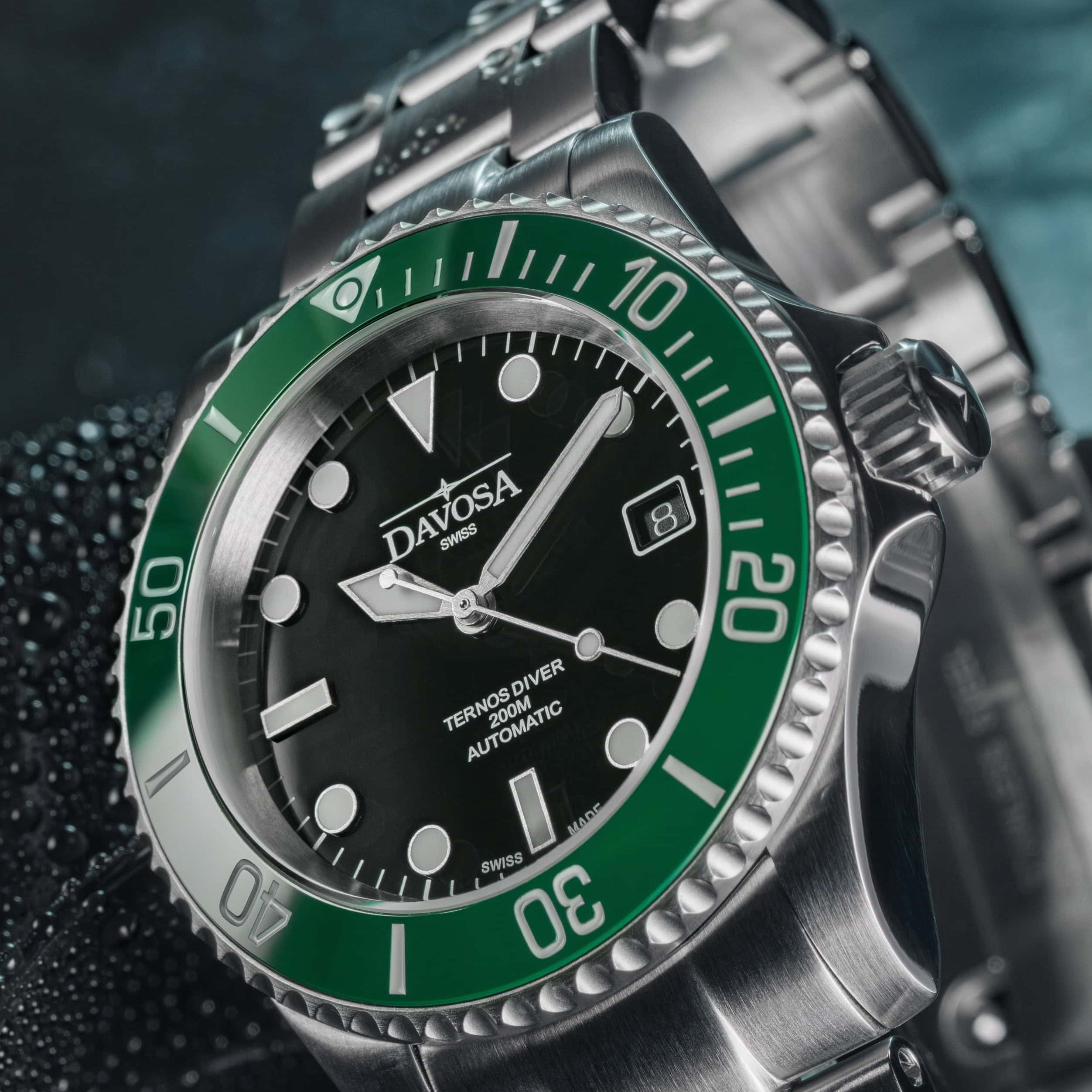 Ternos Diver Automatic 200m Swiss-Made Green and Black Unisex Diver Watch 161.550.70 Without Loupe Diver Davosa USA Official Distributor. Prices are Final. Tax & duties included.
