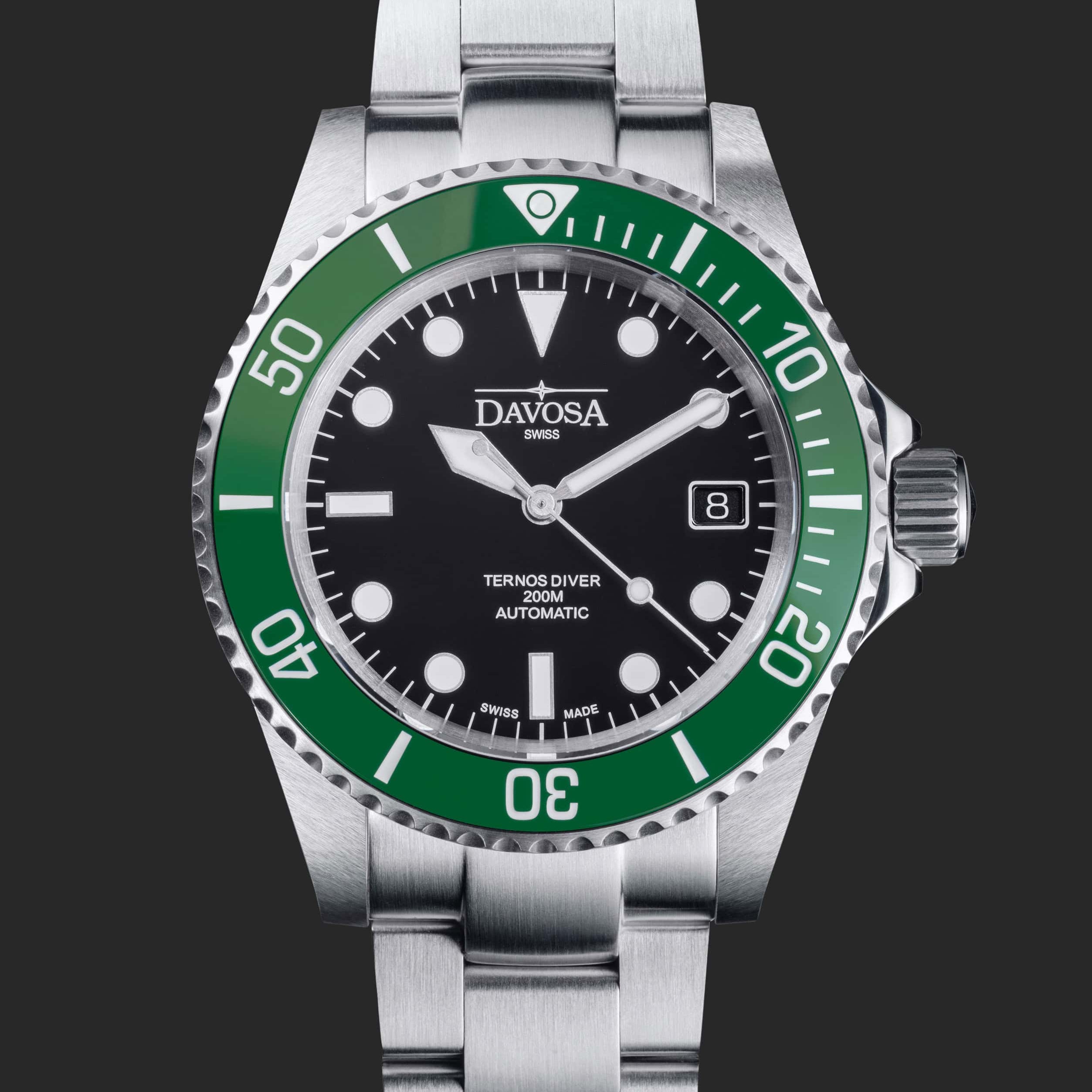 Ternos Diver Automatic 200m Swiss-Made Green and Black Unisex Diver Watch 161.550.70 Without Loupe Diver Davosa USA Official Distributor. Prices are Final. Tax & duties included.