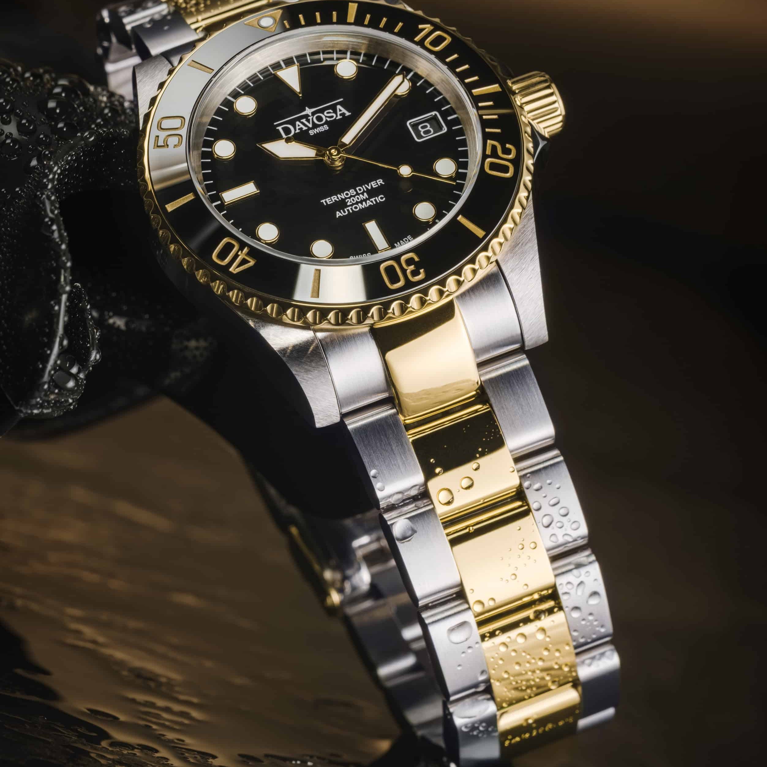 Ternos Diver Automatic Two-Tone 200m Swiss-Made Gold and Black Unisex Diver Watch 161.551.50 Without Loupe Diver Davosa USA Official Distributor. Prices are Final. Tax & duties included.