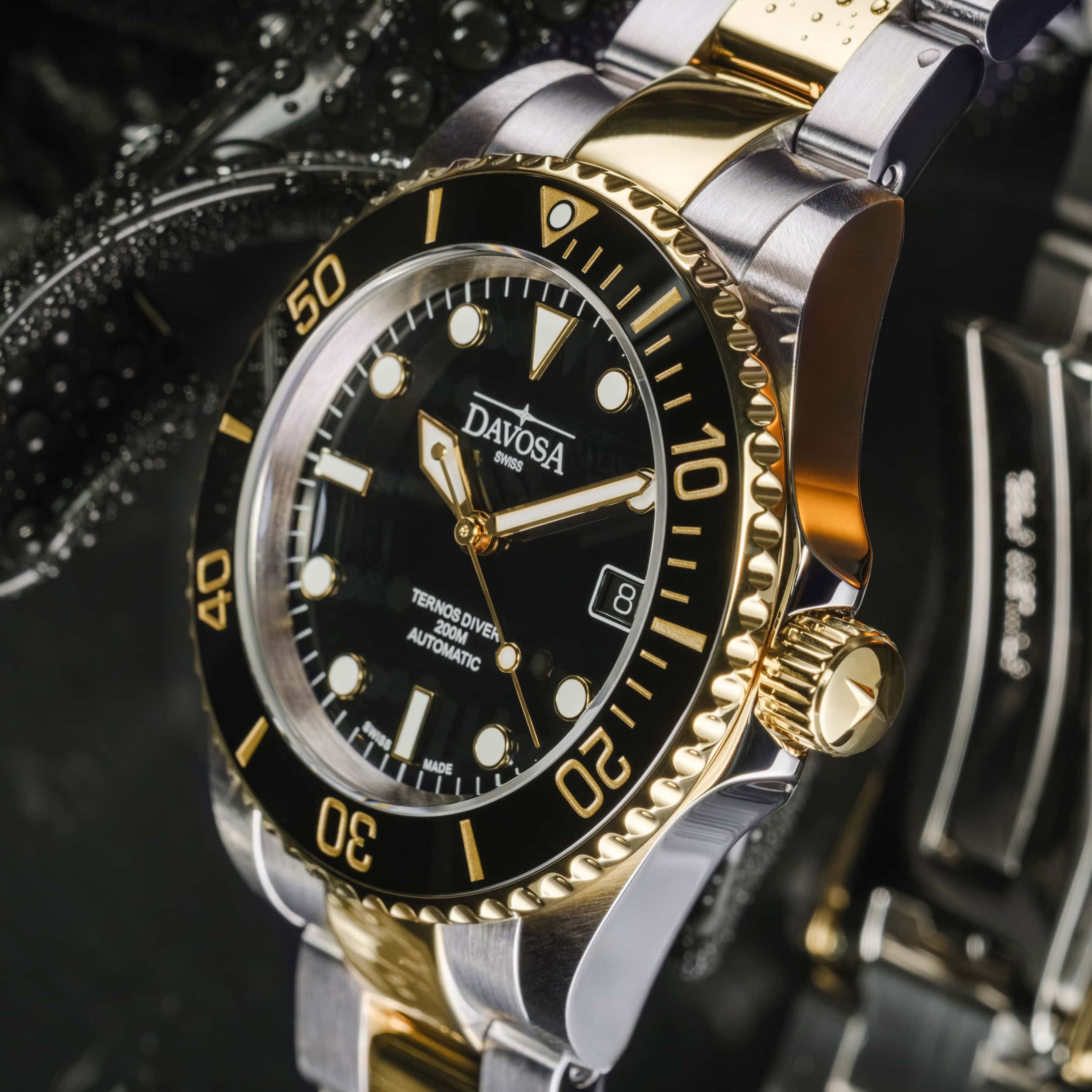 Ternos Diver Automatic Two-Tone 200m Swiss-Made Gold and Black Unisex Diver Watch 161.551.50 Without Loupe Diver Davosa USA Official Distributor. Prices are Final. Tax & duties included.