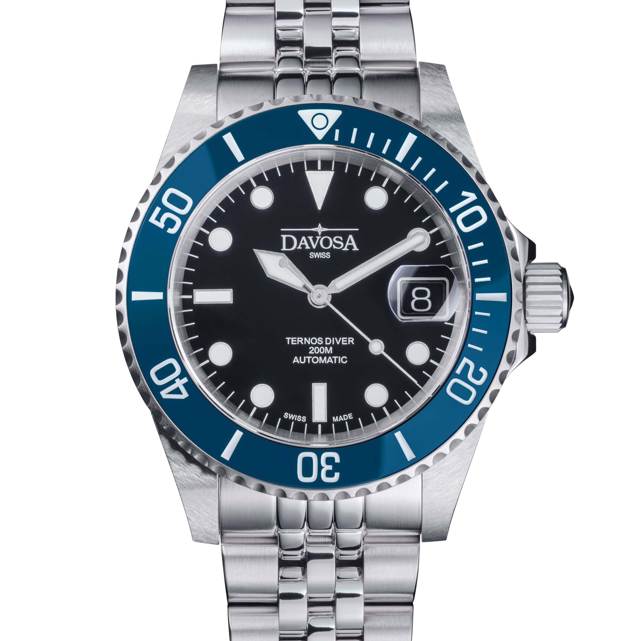 Ternos Diver Automatic 200m Swiss-Made Blue and Black Unisex Diver Watch 161.552.04 With Loupe and Pentalink bracelet Diver Davosa USA Official Distributor. Prices are Final. Tax & duties included.