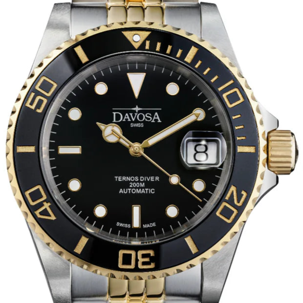 Ternos Ceramic Automatic Swiss-Made PVD Gold Diver Watch 16155503 Diver Davosa USA Official Distributor. Prices are Final. Tax & duties included. 40mm Black-Gold PentaLink