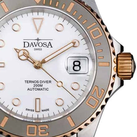 Ternos Ceramic Automatic Swiss-Made White Rose Gold Diving Watch 16155563 Diver Davosa USA Official Distributor. Prices are Final. Tax & duties included.