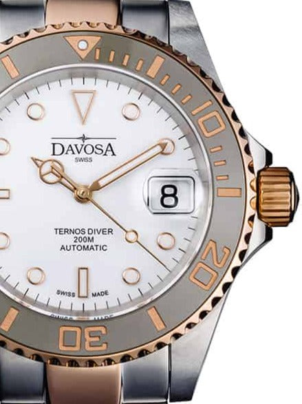 Ternos Ceramic Automatic Swiss-Made White Rose Gold Diving Watch 16155563 Diver Davosa USA Official Distributor. Prices are Final. Tax & duties included.