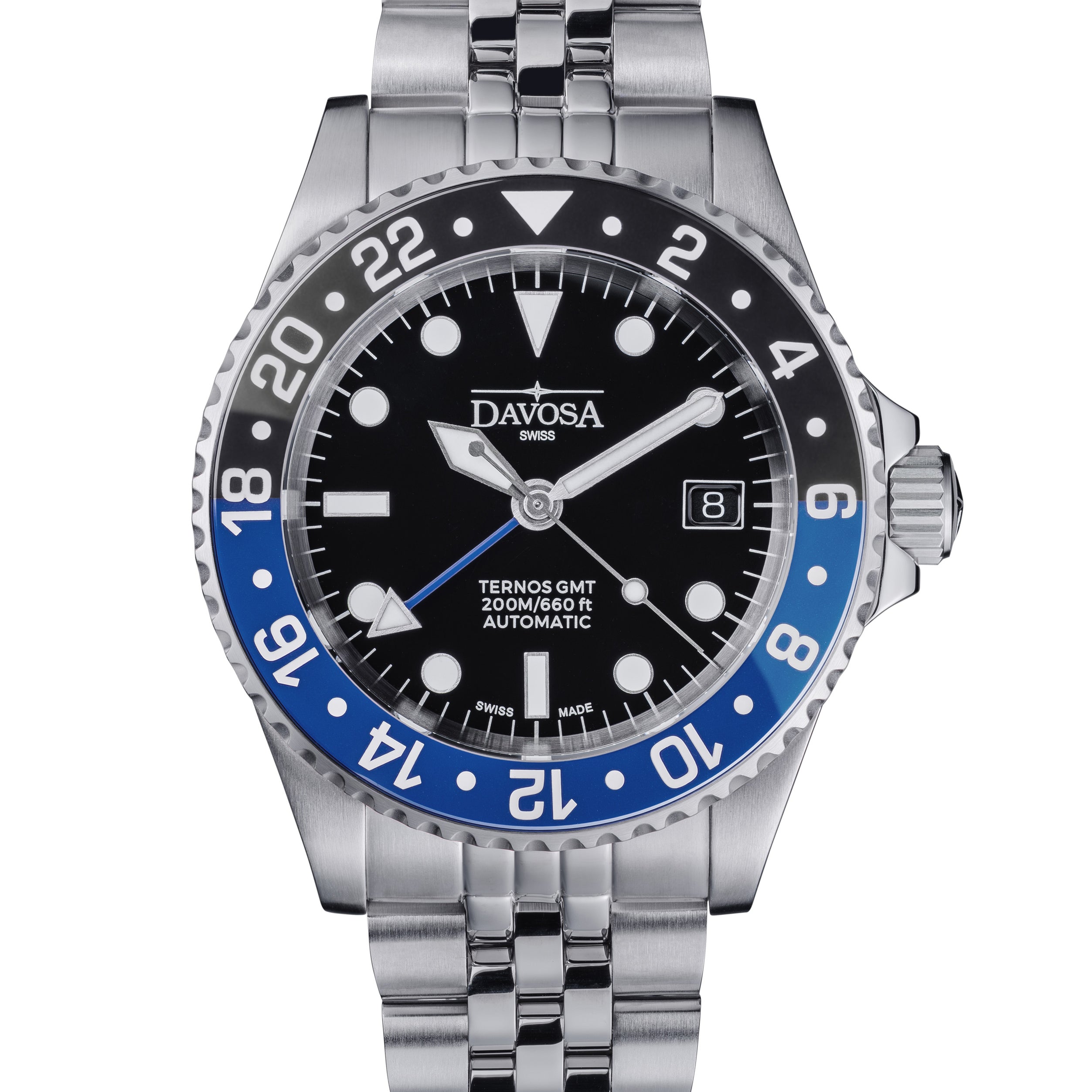 DAVOSA Ternos GMT 40mm Automatic - Swiss Made Dual Time Zone Diver’s Watch - Blue and Black without Loupe Ref. 161.563.04 GMT Davosa USA Official Distributor. Prices are Final. Tax & duties included. Black-Blue Pentalink Without Loupe