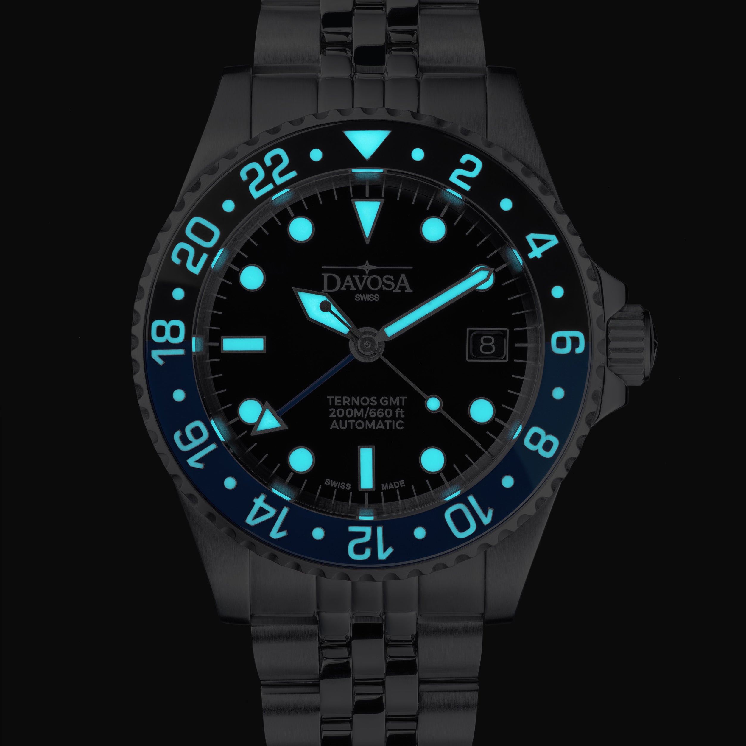 DAVOSA Ternos GMT 40mm Automatic - Swiss Made Dual Time Zone Diver’s Watch - Blue and Black without Loupe Ref. 161.563.04 GMT Davosa USA Official Distributor. Prices are Final. Tax & duties included.