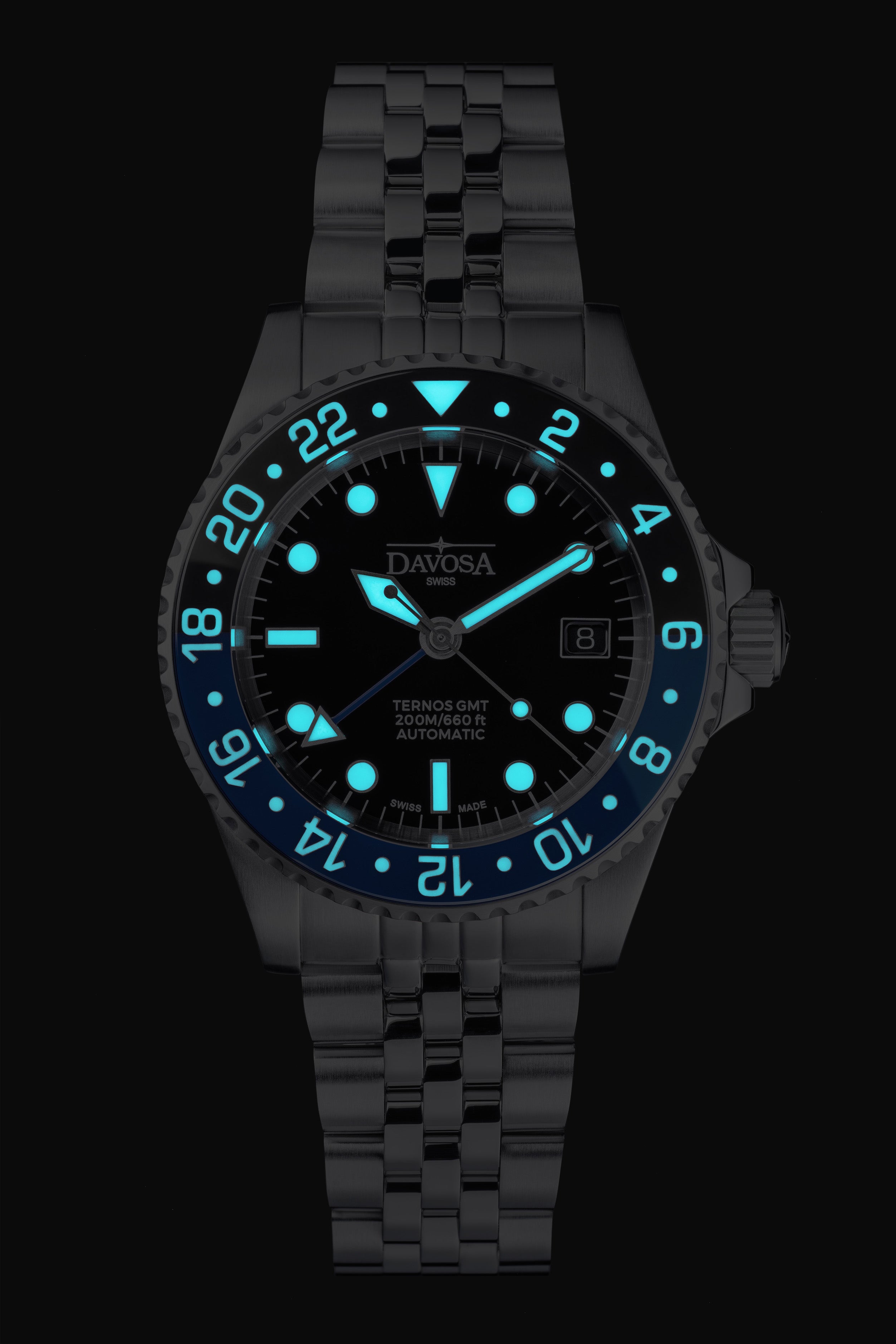 DAVOSA Ternos GMT 40mm Automatic - Swiss Made Dual Time Zone Diver’s Watch - Blue and Black without Loupe Ref. 161.563.04 GMT Davosa USA Official Distributor. Prices are Final. Tax & duties included.