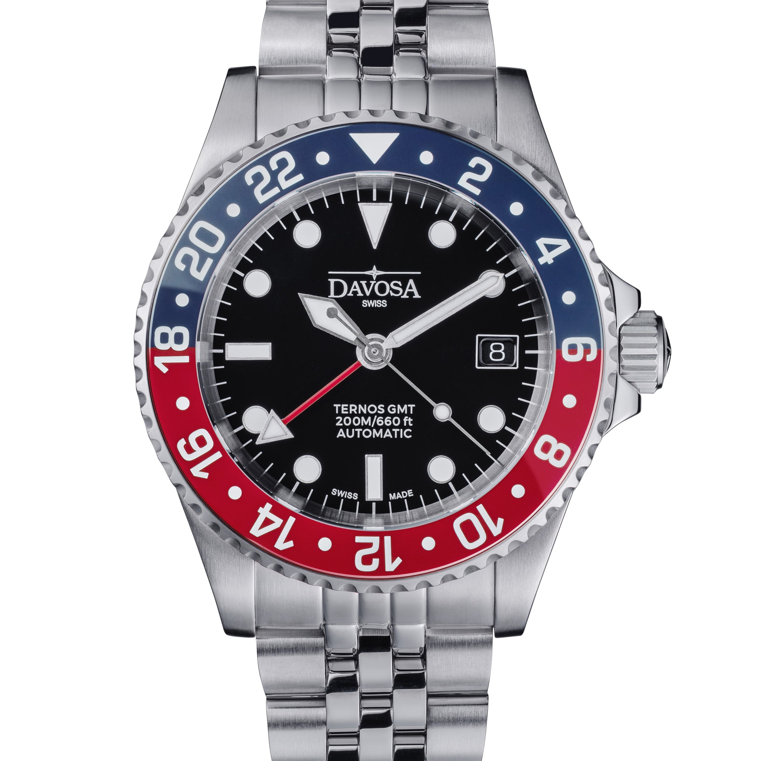 DAVOSA Ternos GMT 40mm Automatic - Swiss Made Dual Time Zone Diver’s Watch - Blue and Red without Loupe Ref. 161.563.06 GMT Davosa USA Official Distributor. Prices are Final. Tax & duties included. Blue-Red Pentalink Without Loupe