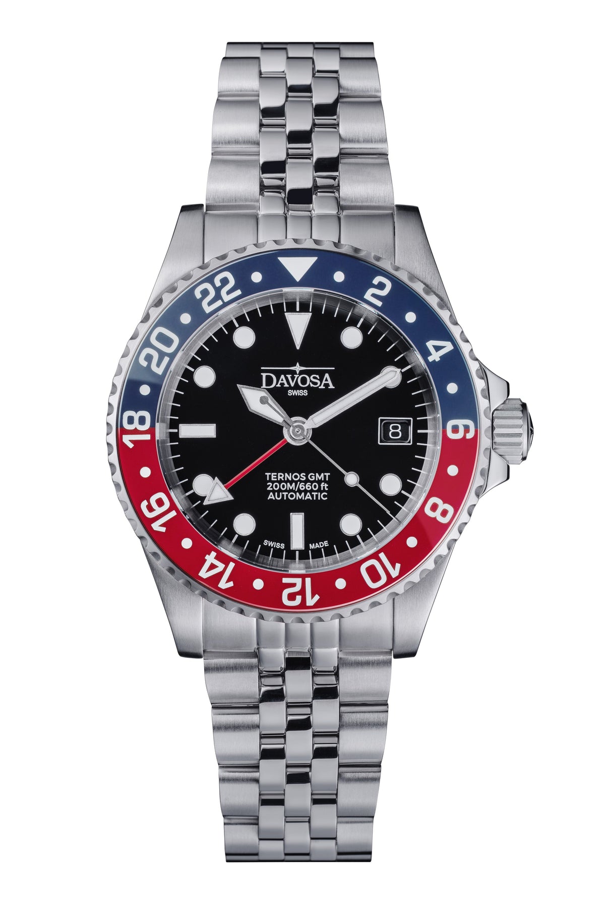 DAVOSA Ternos GMT 40mm Automatic - Swiss Made Dual Time Zone Diver’s Watch - Blue and Red GMT DAVOSA Swiss PentaLink Without loupe
