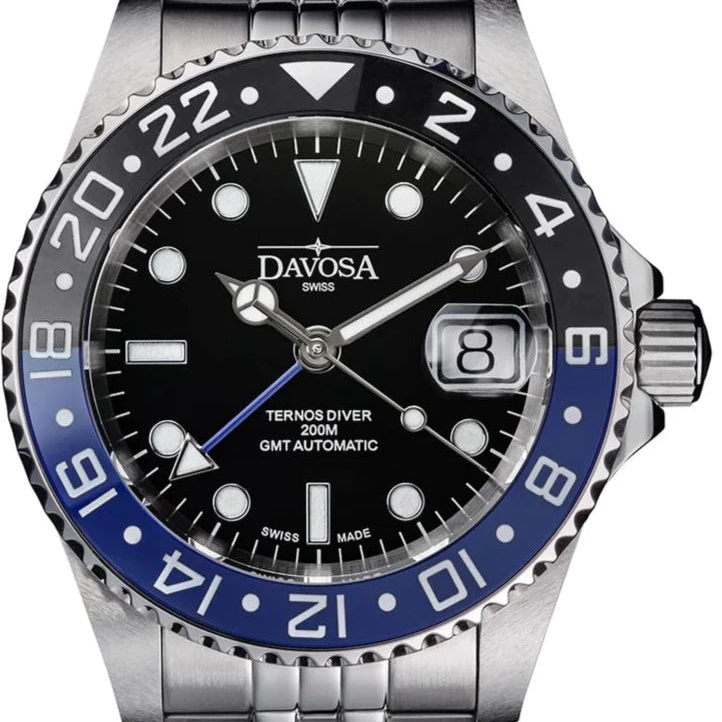 Ternos Ceramic Automatic GMT Swiss-Made Diving Watch PentaLink Bracelet GMT Davosa USA Official Distributor. Prices are Final. Tax & duties included. 40mm Batman PentaLink