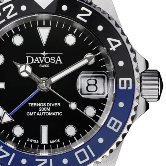 Ternos Ceramic Automatic GMT Swiss-Made Black Blue Diving Watch 16159004 GMT Davosa USA Official Distributor. Prices are Final. Tax & duties included.