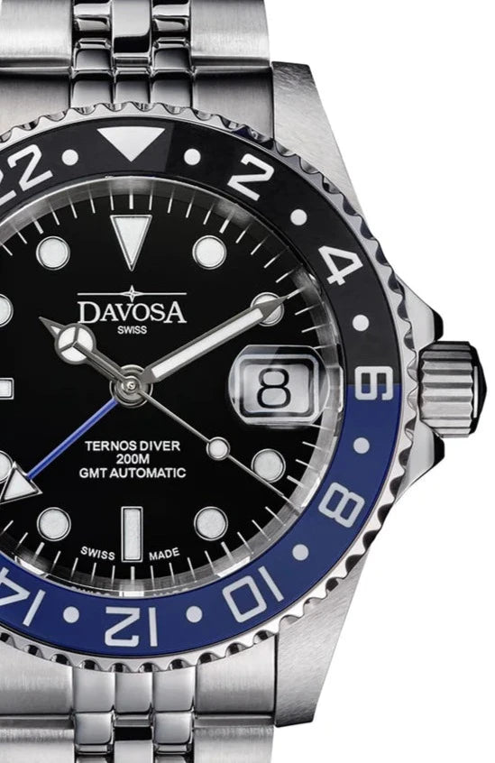 Ternos Ceramic Automatic GMT Swiss-Made Black Blue Diving Watch 16159004 GMT Davosa USA Official Distributor. Prices are Final. Tax & duties included.