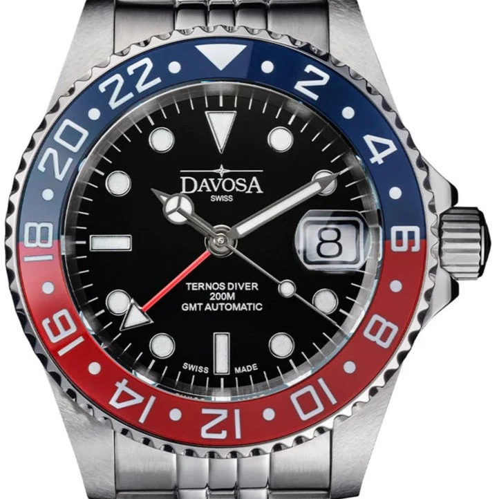 Ternos Ceramic Automatic GMT Swiss-Made Diving Watch PentaLink Bracelet GMT Davosa USA Official Distributor. Prices are Final. Tax & duties included. 40mm Pepsi PentaLink
