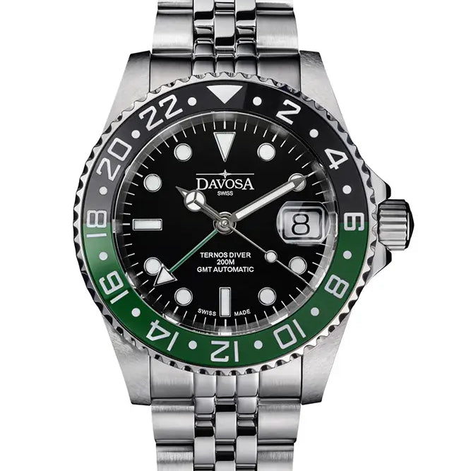 Ternos Ceramic Automatic GMT Swiss-Made Black Green Diving Watch 16159007 GMT Davosa USA Official Distributor. Prices are Final. Tax & duties included.
