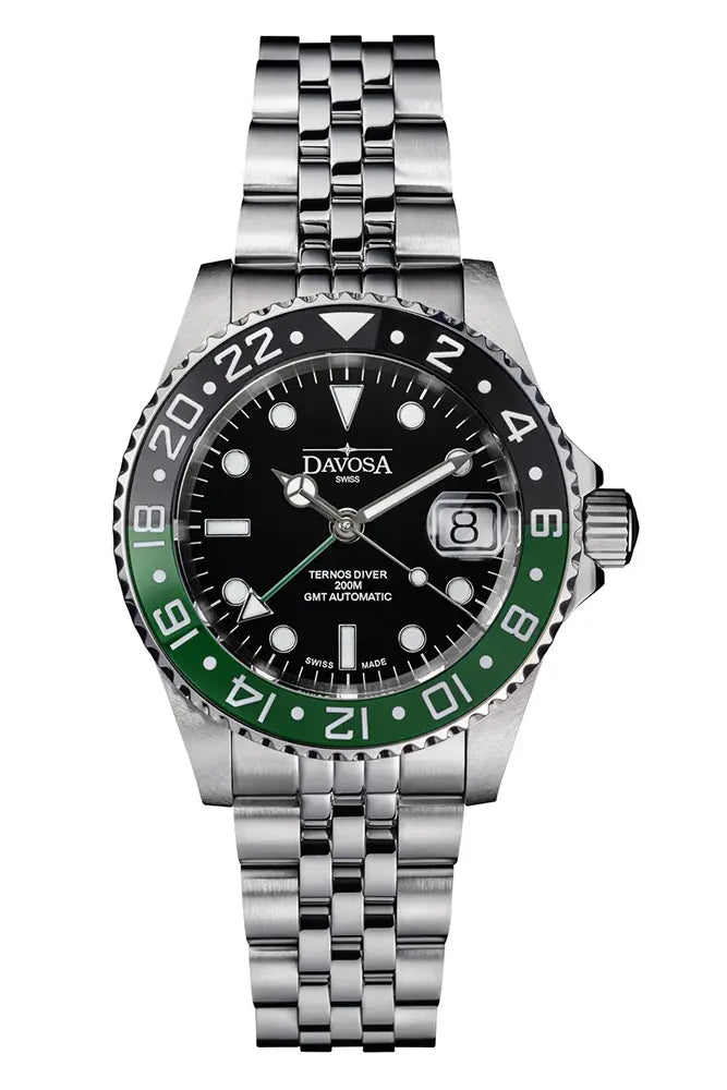 Ternos Ceramic Automatic GMT Swiss-Made Black Green Diving Watch 16159007 GMT Davosa USA Official Distributor. Prices are Final. Tax & duties included.