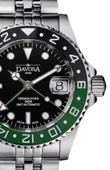 Ternos Ceramic Automatic GMT Swiss-Made Black Green Diving Watch 16159007 GMT Davosa USA Official Distributor. Prices are Final. Tax & duties included.