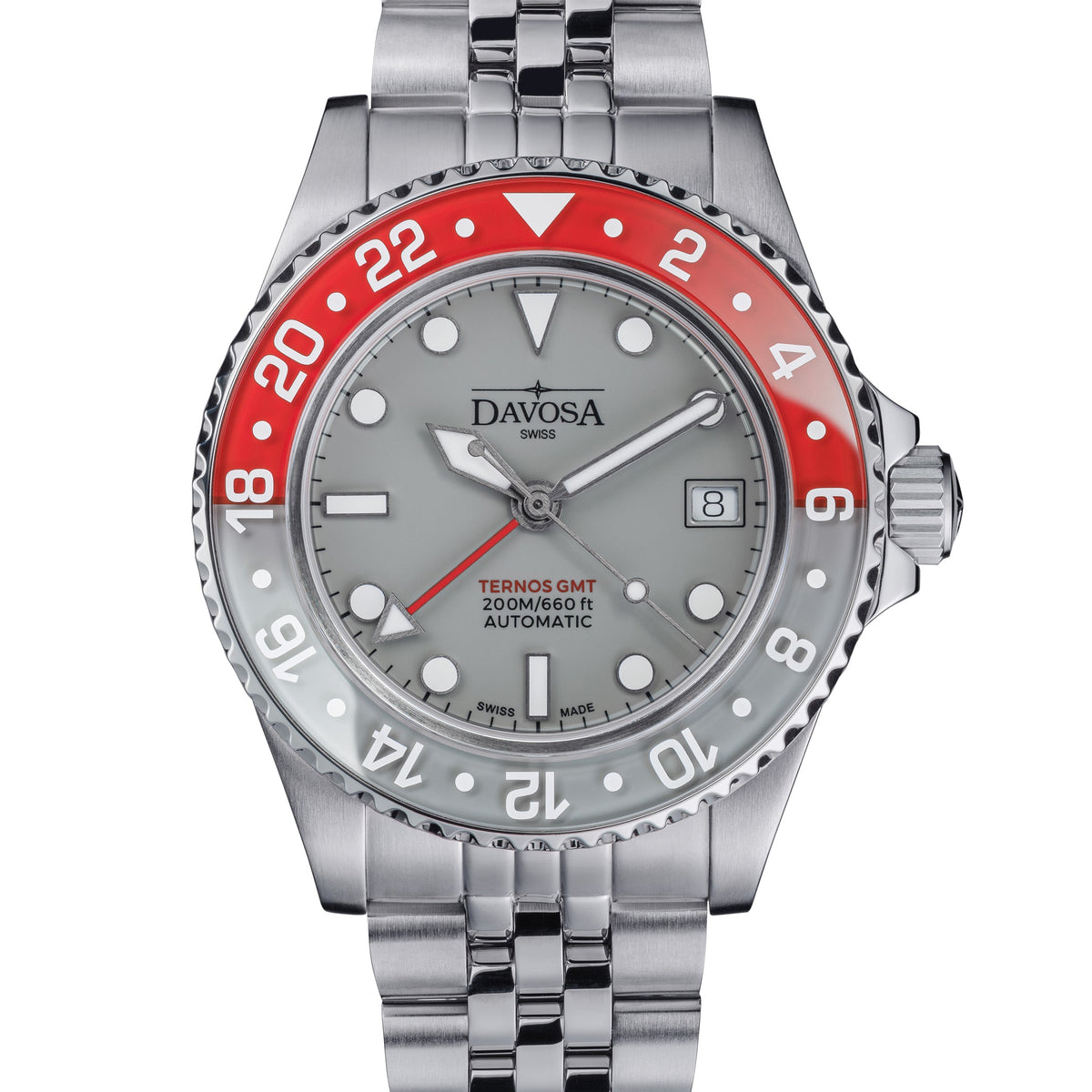 Ternos GMT Lucent Automatic 200m GMT Watch, Grey Dial Grey-Red Bezel GMT DAVOSA Swiss PentaLink