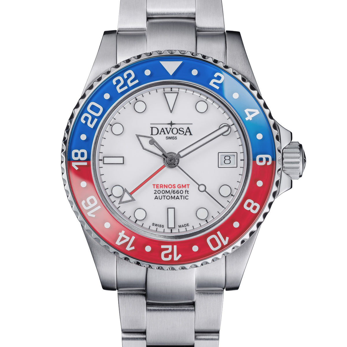 Ternos GMT Lucent Automatic 200m GMT Watch, White Dial Blue-Red Bezel GMT DAVOSA Swiss TriaLink