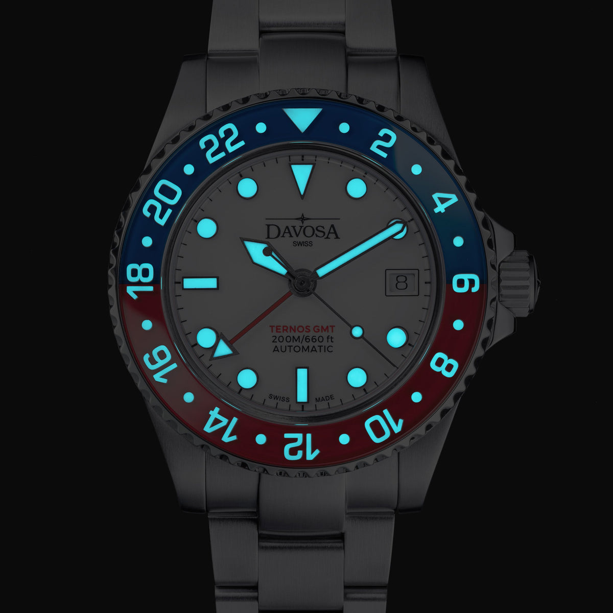 Ternos GMT Lucent Automatic 200m GMT Watch, White Dial Blue-Red Bezel GMT DAVOSA Swiss