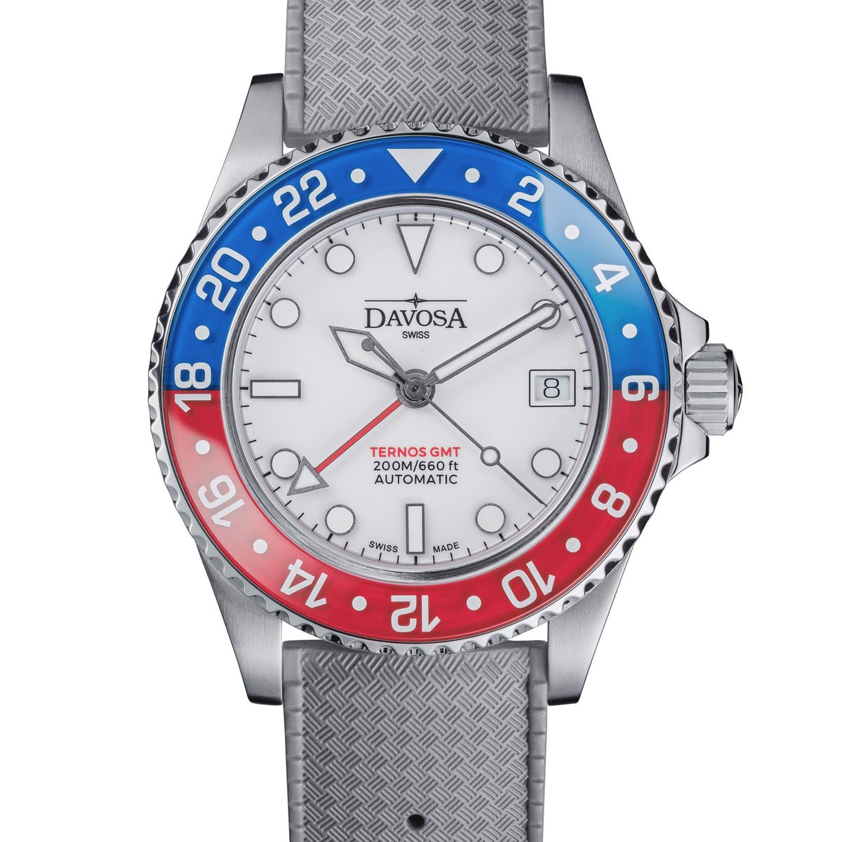 Ternos GMT Lucent Automatic 200m GMT Watch, White Dial Blue-Red Bezel GMT DAVOSA Swiss Grey Rubber