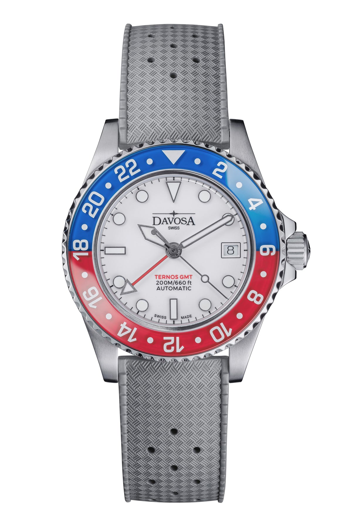 Ternos GMT Lucent Automatic 200m GMT Watch, White Dial Blue-Red Bezel GMT DAVOSA Swiss Grey Rubber