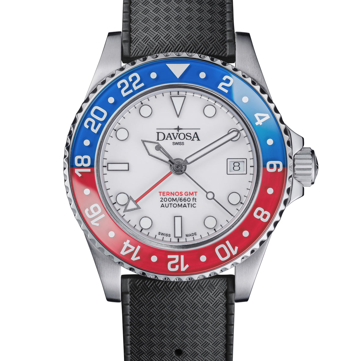 Ternos GMT Lucent Automatic 200m GMT Watch, White Dial Blue-Red Bezel GMT DAVOSA Swiss Black Rubber