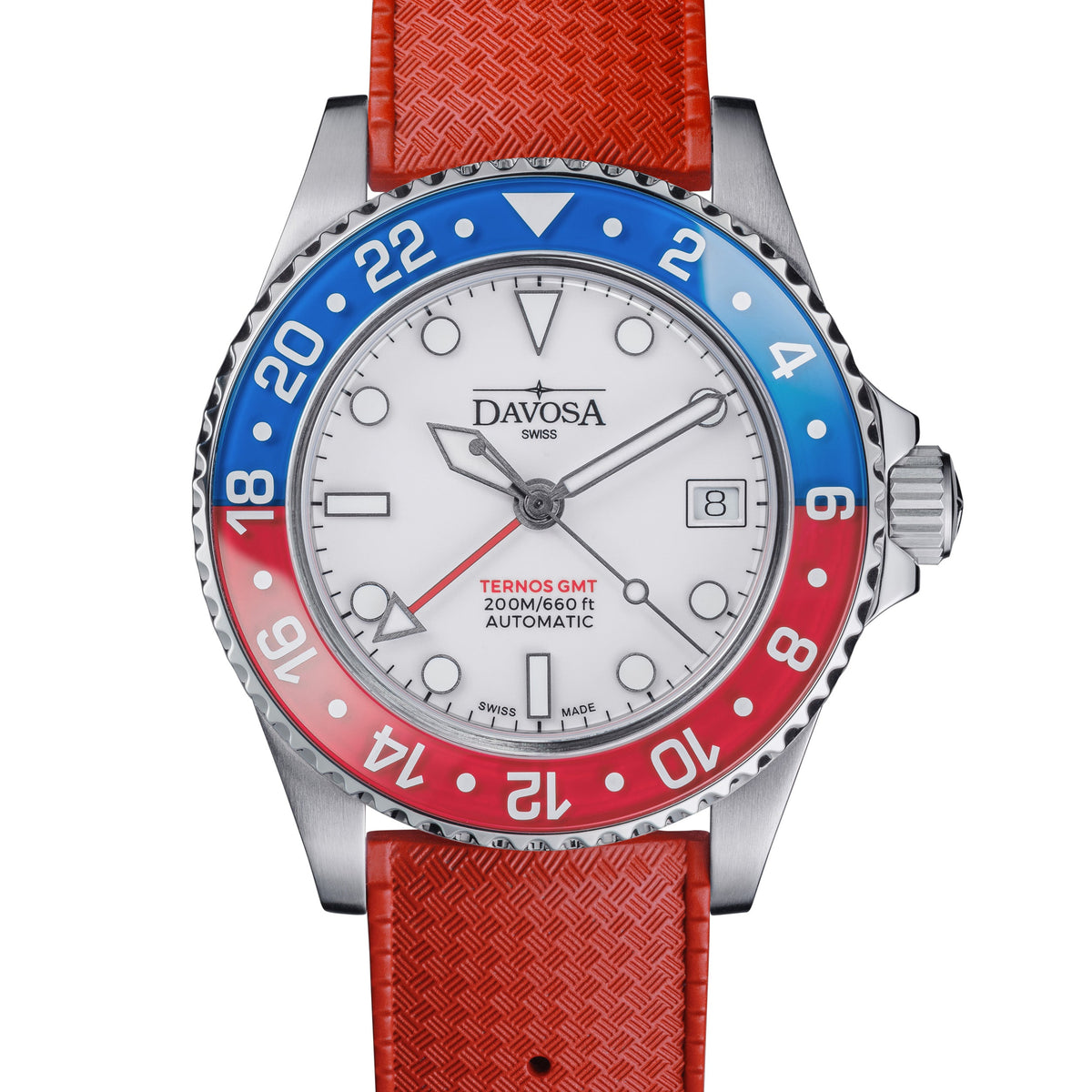 Ternos GMT Lucent Automatic 200m GMT Watch, White Dial Blue-Red Bezel GMT DAVOSA Swiss Red Rubber