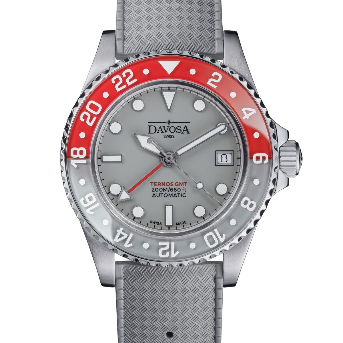 Ternos GMT Lucent Automatic 200m GMT Watch, Grey Dial Grey-Red Bezel GMT DAVOSA Swiss Grey Rubber