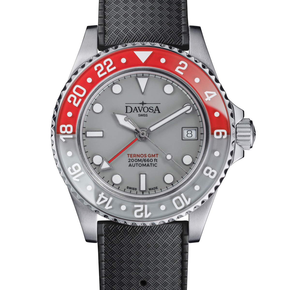 Ternos GMT Lucent Automatic 200m GMT Watch, Grey Dial Grey-Red Bezel GMT DAVOSA Swiss Black Rubber