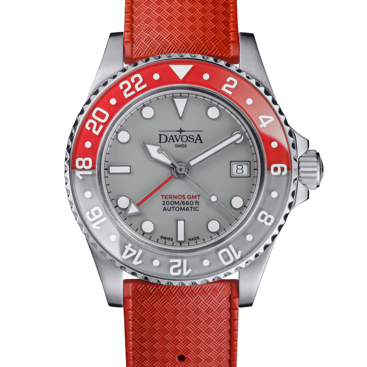 Ternos GMT Lucent Automatic 200m GMT Watch, Grey Dial Grey-Red Bezel GMT DAVOSA Swiss Red Rubber