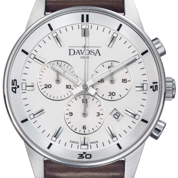 Vireo Quartz Chronograph Swiss-Made White Brown Pilot Watch 16249315 Pilot Davosa USA Official Distributor. Prices are Final. Tax & duties included. 41mm White Leather