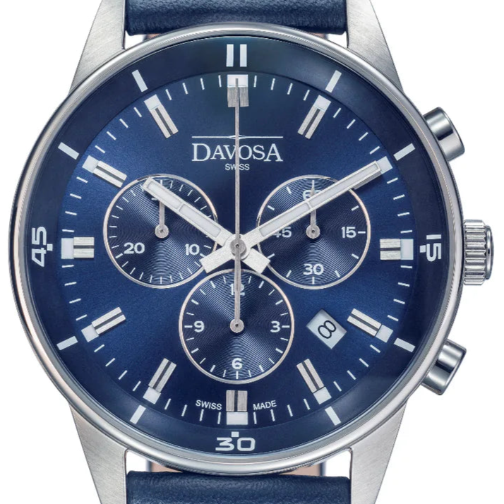 Vireo Quartz Chronograph Swiss-Made Blue Pilot Watch 16249345 Pilot Davosa USA Official Distributor. Prices are Final. Tax & duties included. 41mm Blue Leather