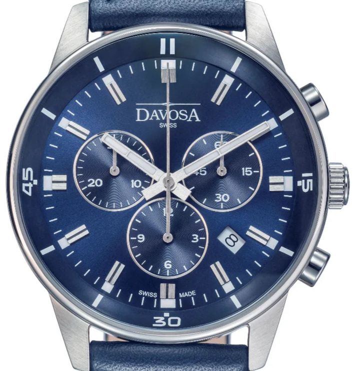 Vireo Quartz Chronograph Swiss-Made Blue Pilot Watch 16249345 Pilot Davosa USA Official Distributor. Prices are Final. Tax & duties included. 41mm Blue Leather