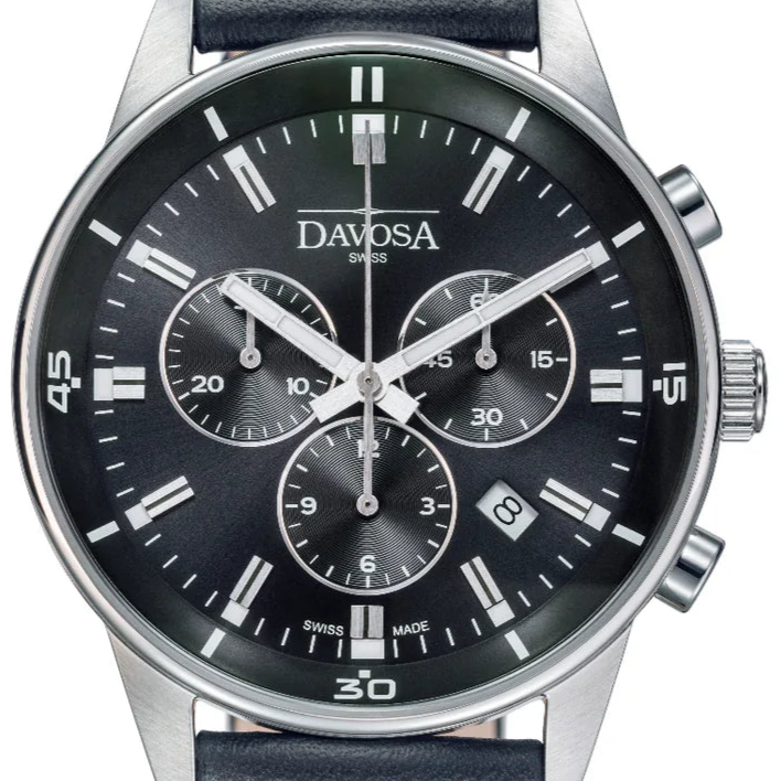 Vireo Quartz Chronograph Swiss-Made Blue Pilot Watch 16249355 Pilot Davosa USA Official Distributor. Prices are Final. Tax & duties included. 41mm Black Leather