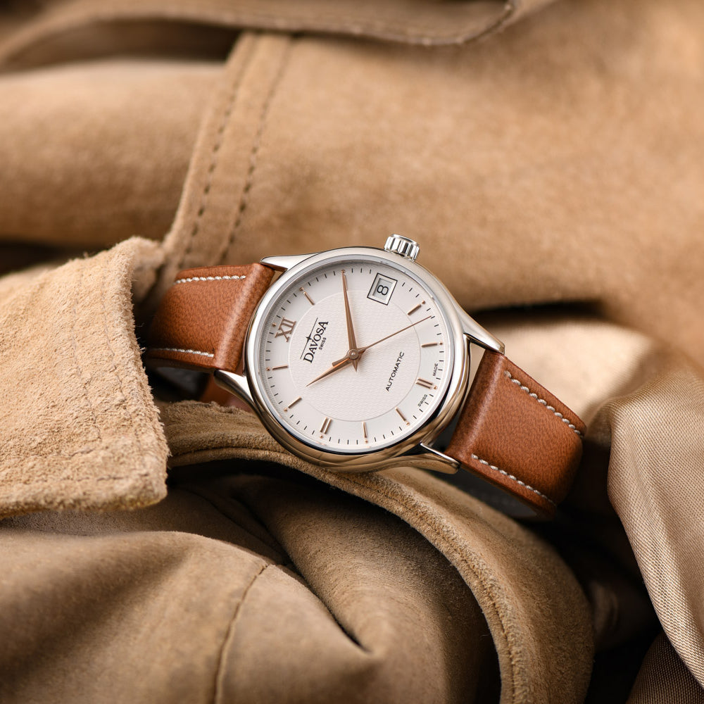 Classic Automatic Swiss-Made White Rose Gold Executive Watch 16145632V with Vegan leather AppleSkin strap Classic Davosa USA Official Distributor. Prices are Final. Tax & duties included.