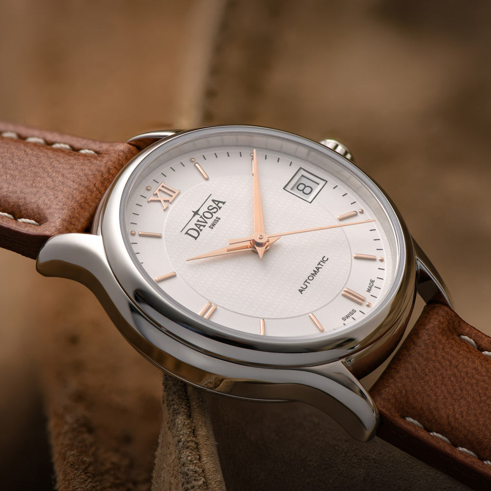 Classic Automatic Swiss-Made White Rose Gold Executive Watch 16145632V with Vegan leather AppleSkin strap Classic Davosa USA Official Distributor. Prices are Final. Tax & duties included.