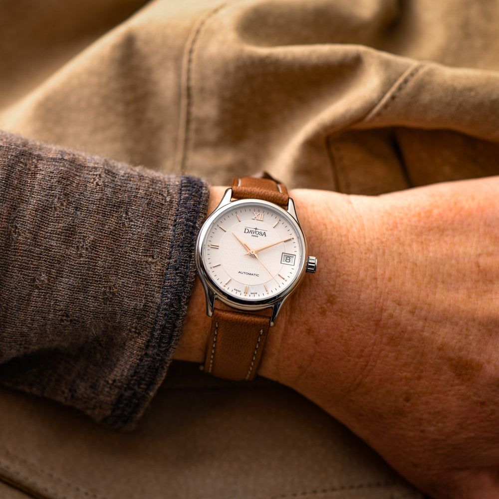 Classic Automatic Swiss-Made White Rose Gold Executive Watch 16145632V with Vegan leather AppleSkin strap Classic Davosa USA Official Distributor. Prices are Final. Tax & duties included.