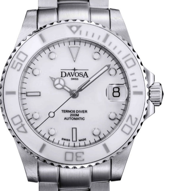 Ternos Medium Automatic Swiss-Made White Diving Watch 16619510 Diver Davosa USA Official Distributor. Prices are Final. Tax & duties included. 36.5mm White TriaLink