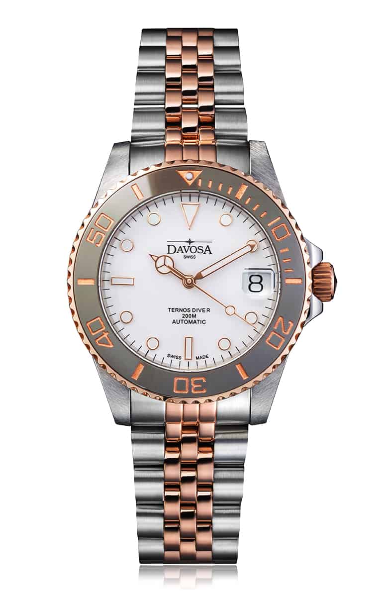 Ternos Medium Automatic White Rose Gold Diving Watch 16619602 Diver Davosa USA Official Distributor. Prices are Final. Tax & duties included.