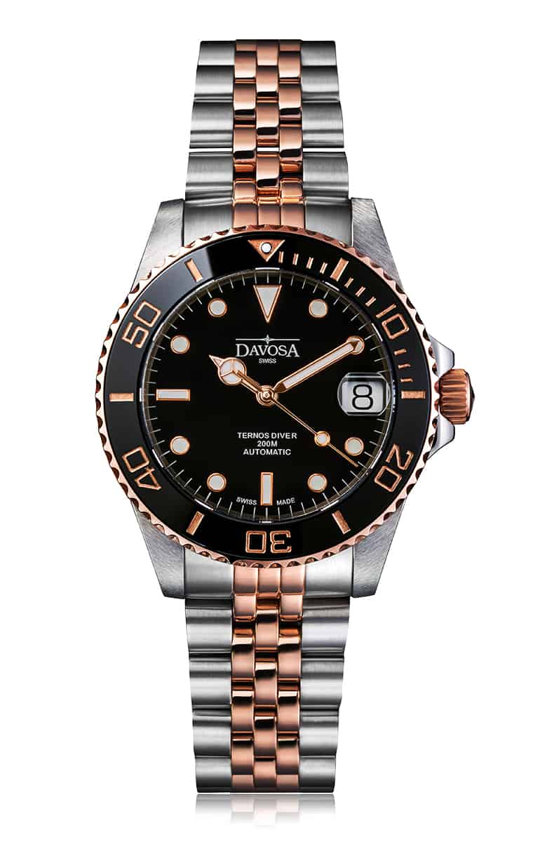 Ternos Medium Automatic Black Rose Gold Diving Watch 16619605 Diver Davosa USA Official Distributor. Prices are Final. Tax & duties included.