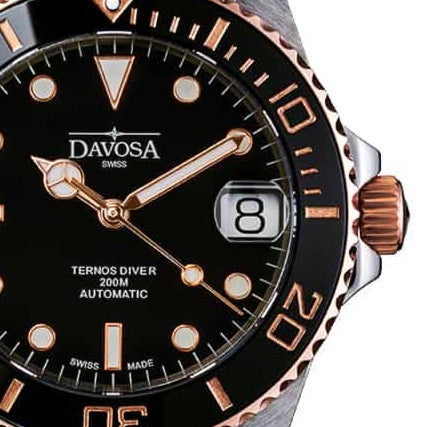 Ternos Medium Automatic Black Rose Gold Diving Watch 16619605 Diver Davosa USA Official Distributor. Prices are Final. Tax & duties included.
