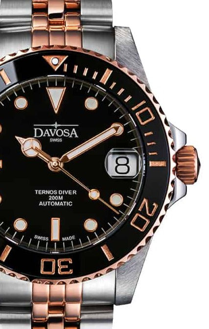 Ternos Medium Automatic Black Rose Gold Diving Watch 16619605 Diver Davosa USA Official Distributor. Prices are Final. Tax & duties included.