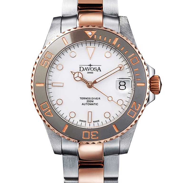 Ternos Medium Automatic 200m White Dial Two Tone Rose Gold Diver Watch 16619620 Diver Davosa USA Official Distributor. Prices are Final. Tax & duties included.